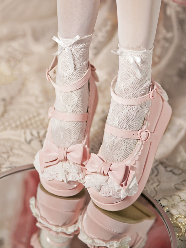 Baby Pink Bow at Top Lace Trim Heart Buckles Platforms