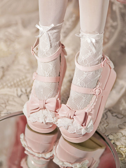 Baby Pink Bow at Top Lace Trim Heart Buckles Platforms
