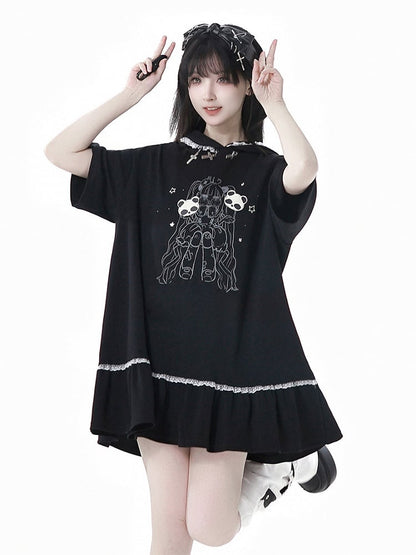 Black Cross Charms Contrast Lace Trim Bittersweet Girl Print Hooded Dress