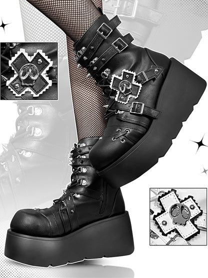 Metal Skull Matte Black Punk Wedge Platform Boots Spike Stud Detailing