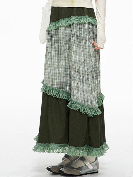 Serenity Sweety Green Plaid Patchwork Skirt with Lace Trim
