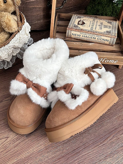 Sweet Light Brown Winter Boots for Lolita - Plush Dot Bunny Accents with Adjustable Pompom Ties