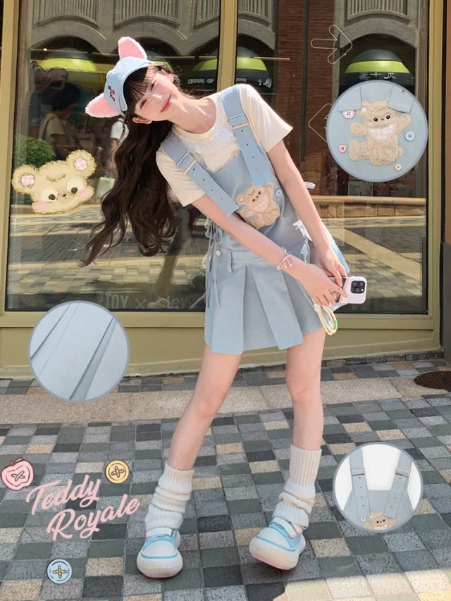 Plush Bear Applique Blue Box Pleat Overall Dress Adjustable Shoulder Straps