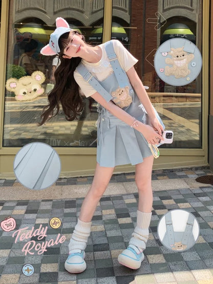 Plush Bear Applique Blue Box Pleat Overall Dress Adjustable Shoulder Straps