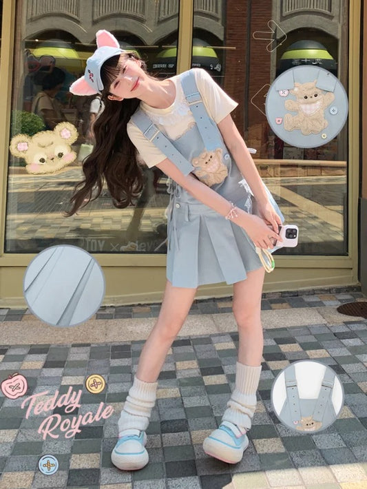 Plush Bear Applique Blue Box Pleat Overall Dress Adjustable Shoulder Straps