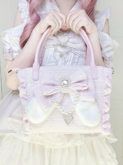 Pink Elegant Lolita Shoulder/Crossbody/Handbag - Plush Bunny Ear Bow, Rhinestone Heart & Beaded Chain Charm