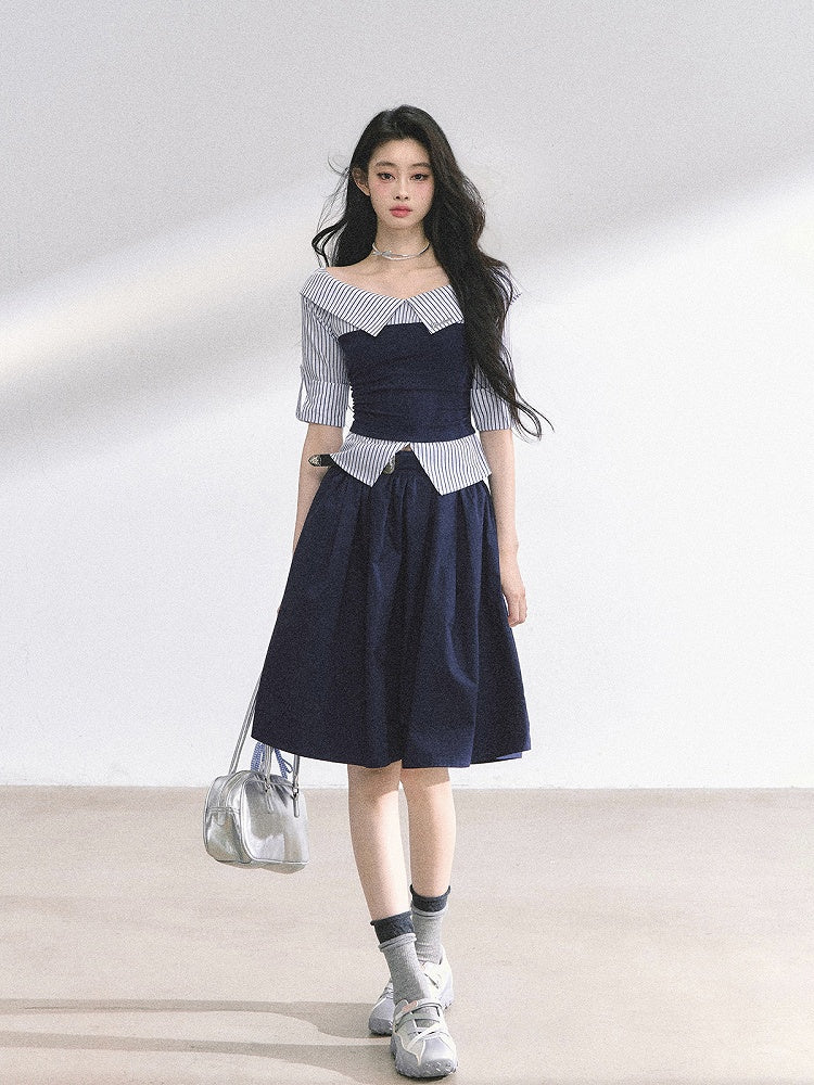 Off-the-shoulder Neckline Foldover Collar Gray/Navy Blue Striped Shirt