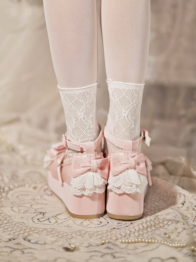 Baby Pink Bow at Top Lace Trim Heart Buckles Platforms