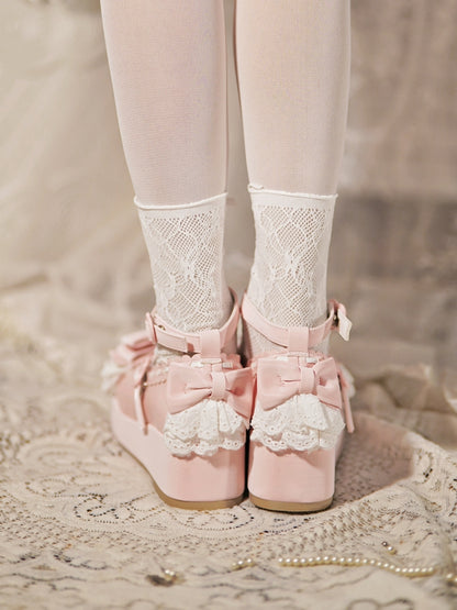 Baby Pink Bow at Top Lace Trim Heart Buckles Platforms