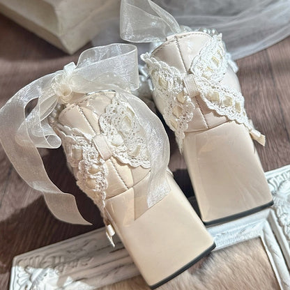 Beige Bow Accent Detachable Beaded Chain Lolita Block Heels