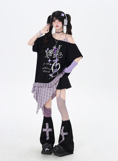Asymmetrical Red/Purple Plaid Hem Black Punk Rock Graphic T-Shirt