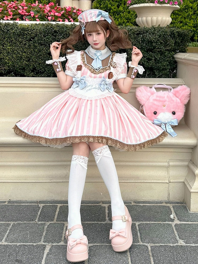 Hugging Bear Heart Buckle Pink Bow at Top Platform Mary Janes with Velcro Strap