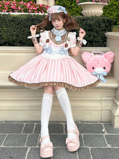 Hugging Bear Heart Buckle Pink Bow at Top Platform Mary Janes with Velcro Strap