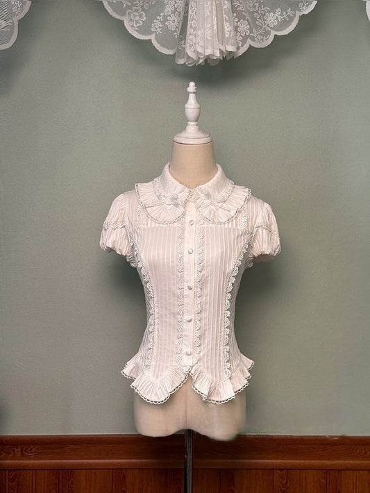 White Peter Pan Collar Short Puff Sleeves Blouse