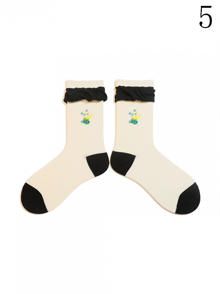 9 Options Colorful Lolita Ruffled Cuffs Cartoon Calf Socks