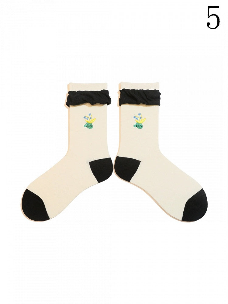 9 Options Colorful Lolita Ruffled Cuffs Cartoon Calf Socks