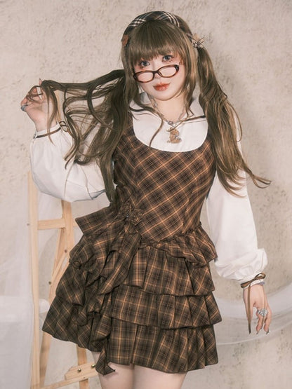 Plus Size Preppy Tiered Brown Plaid Dress with Sailor Collar & Detachable Roses