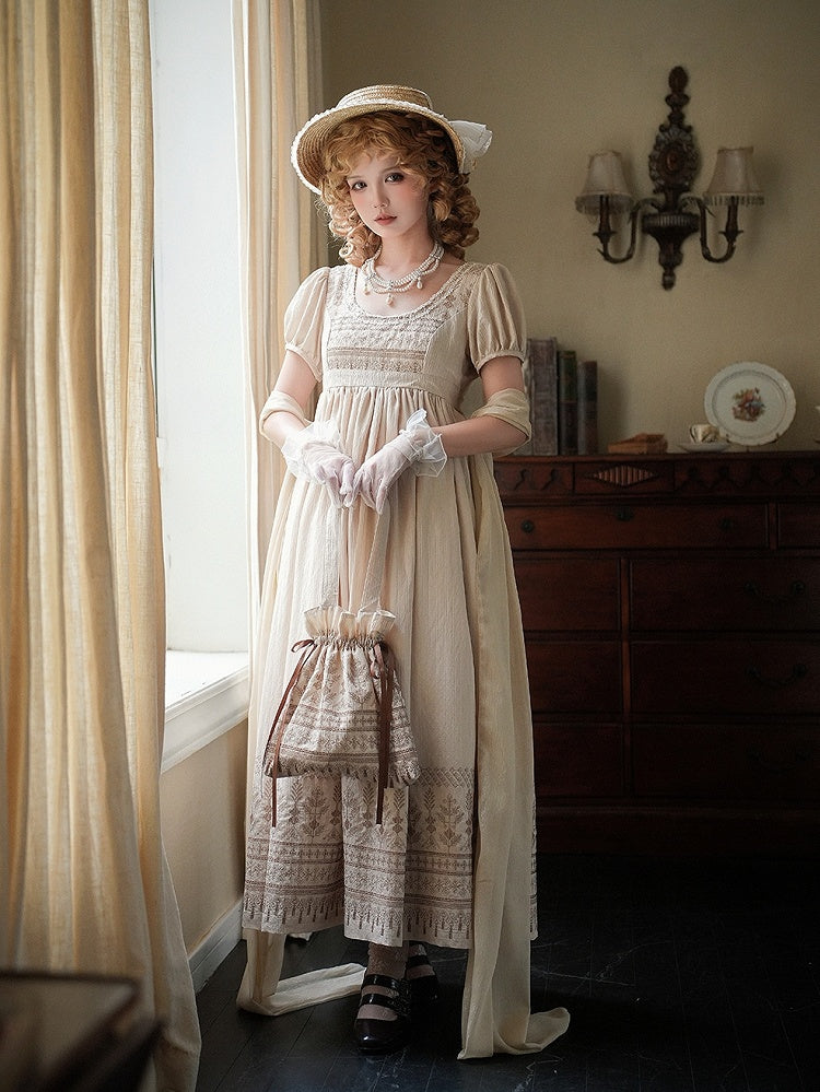 Brown Vintage Embroidery Empire Waist Elegant Lolita One Piece Long/Short Version