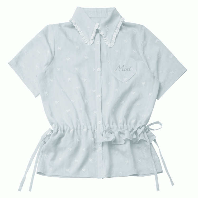 Light Green Drawstring Waist Allover Bowknot Embroidery Short Sleeves Shirt