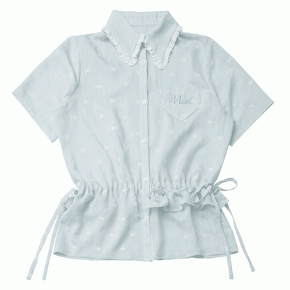 Light Green Drawstring Waist Allover Bowknot Embroidery Short Sleeves Shirt