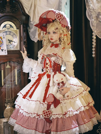 Red Queen Red Bow Accents Boned Corset Top + Tiered Skirt Gorgeous Hime Lolita Full Set