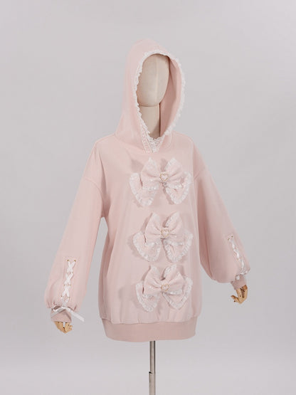 Sakura Pink Jirai Kei Sweet Lace Trim Bows Decorated Hoodie