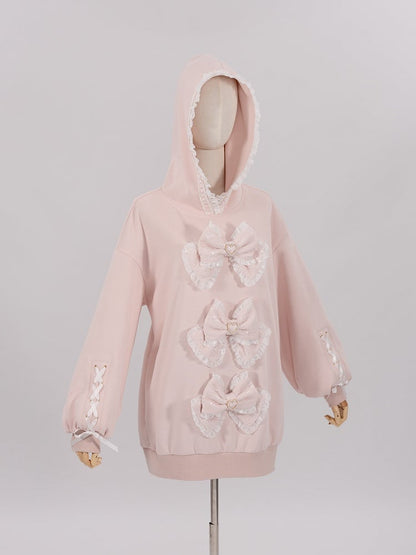 Sakura Pink Jirai Kei Sweet Lace Trim Bows Decorated Hoodie
