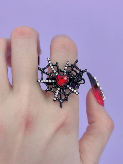 Silver/Black Y2K Punk Spider Web Heart Rhinestone Ring