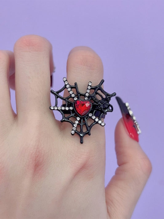 Silver/Black Y2K Punk Spider Web Heart Rhinestone Ring
