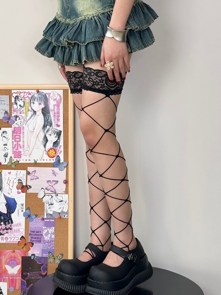 Black Fishnet Design Lace Trim Over-knee Stockings