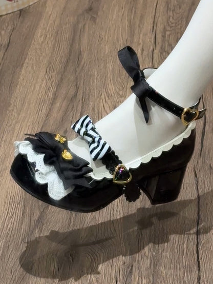Black Spoon Decorated Bowknot Details Sweet Lolita High Block Heels