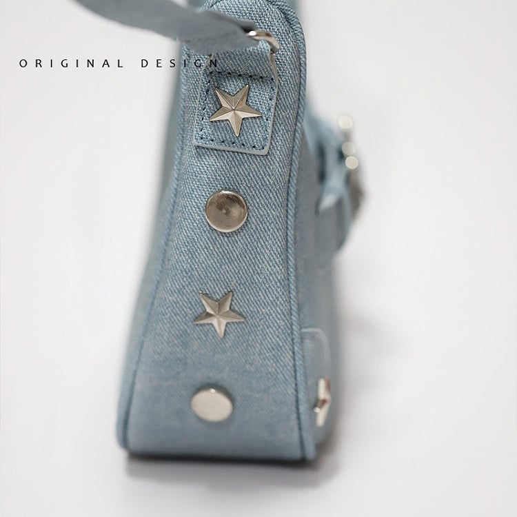 Star Stud Details Denim Blue Bag with Bowknots