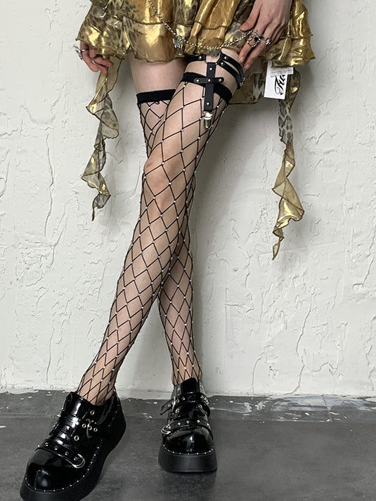 Black Diamond Pattern Hollow-out Design Y2K Overknee Stockings