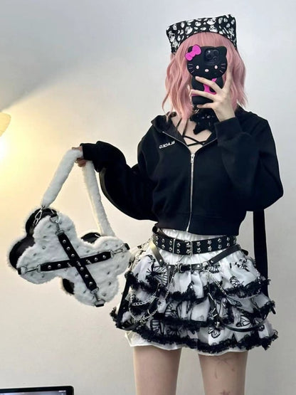 White Punk Y2K Bone-Shaped Fleece Bag With Studded Crisscross Straps