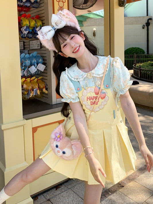 Sweet Strawberry Embroidery Yellow Box Pleat Overall Dress