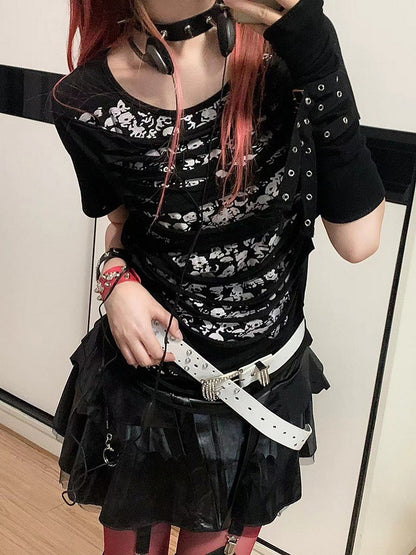 Black Skeleton Print Hollowed-out Punk T-shirt + Buckle Straps Detachable Sleeves