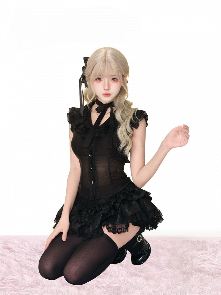 Black Semi-Sheer V-Neck Blouse with Tiered Flutter Sleeves