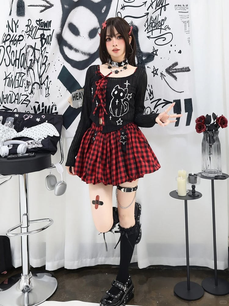 Y2K Star Buckles Black & Red / Black & Gray Plaid Bubble Skirt