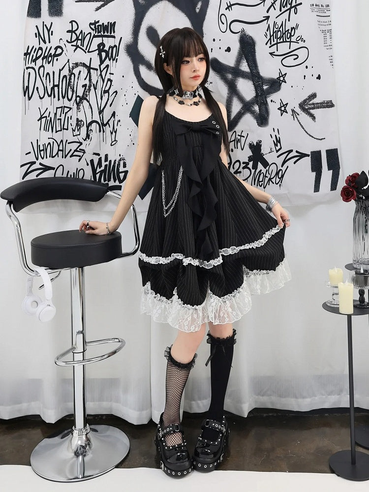 Big Bow Neckline Black Striped Cami Dress Bubble Skirt with Detachable Waist Chain