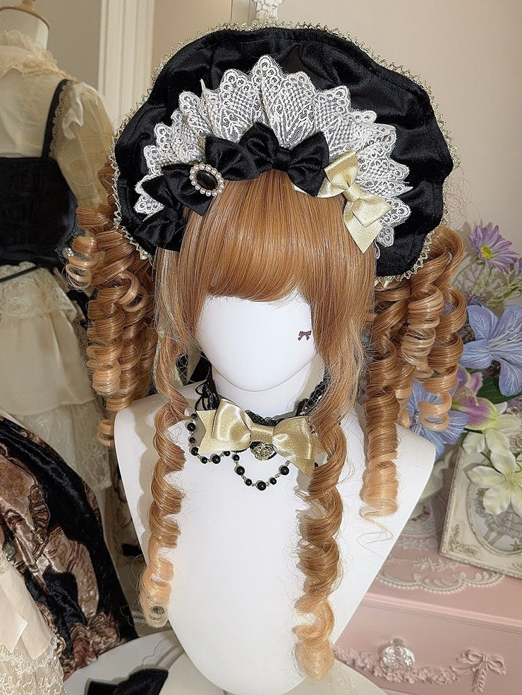 Matte Wine Red/Black Velvet Lace Trim Bonnet + 4 Bowknot Brooches