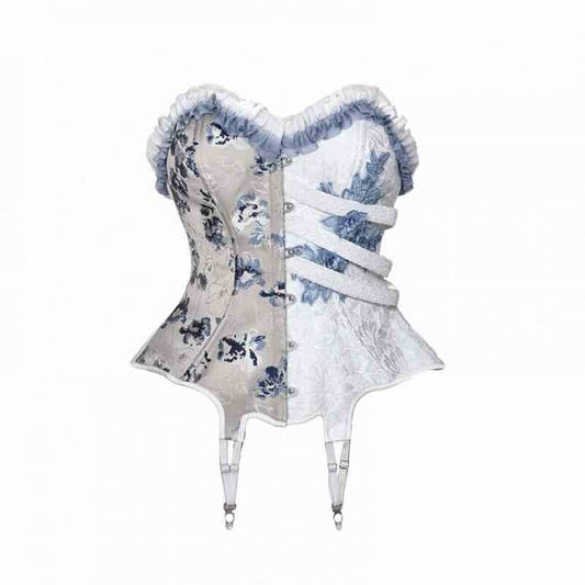 Half White Half Dusty Blue Corpse Bride Floral Embroidery Goth Boned Corset Top