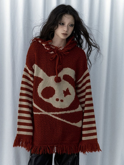 Wine Red Skull Bunny Punk Loose Hooded Sweater with Striped Sleeves