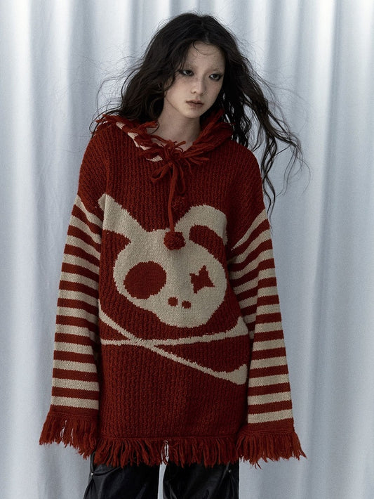 Wine Red Skull Bunny Punk Loose Hooded Sweater with Striped Sleeves