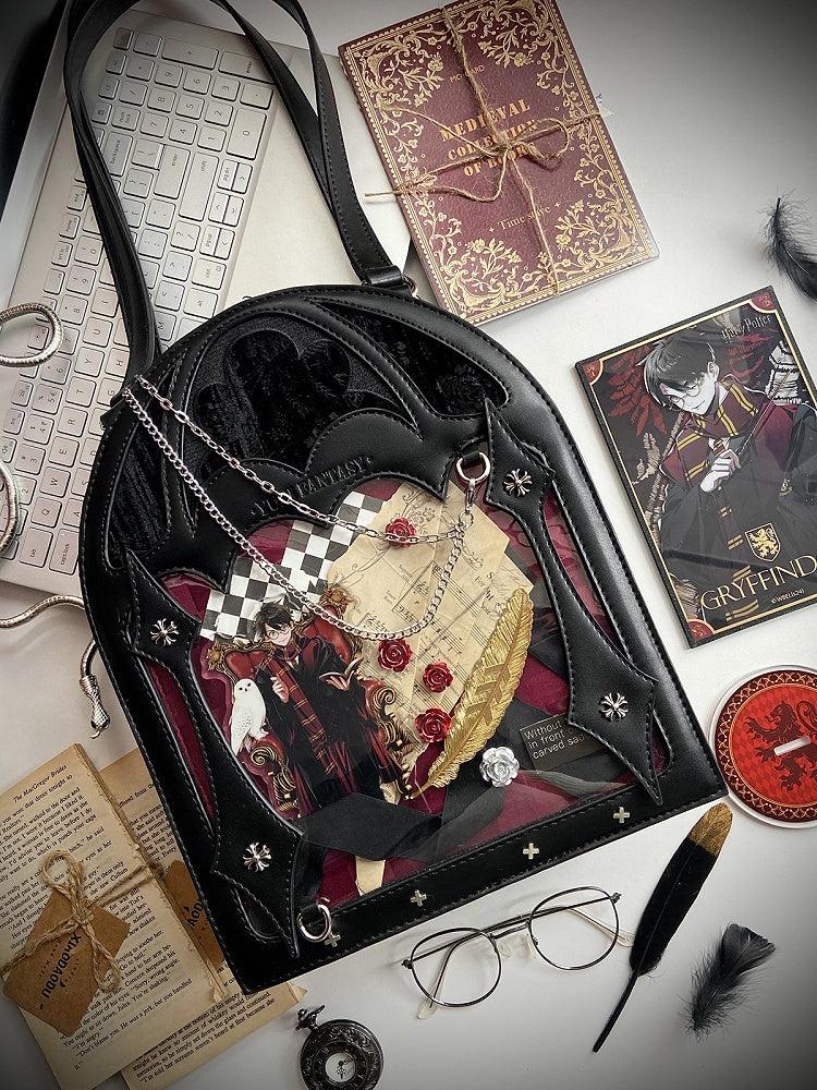 2 Ways Gothic Cage Shape Small Capacity Black & Red Ita Crossbody Bag - Dark Aesthetic