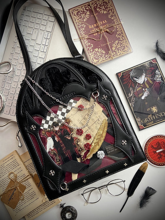 2 Ways Gothic Cage Shape Small Capacity Black & Red Ita Crossbody Bag - Dark Aesthetic