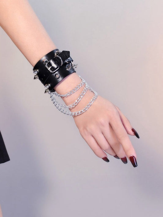 Gothic Black Studs Cyberpunk PU Wristband Bracelet with Chains
