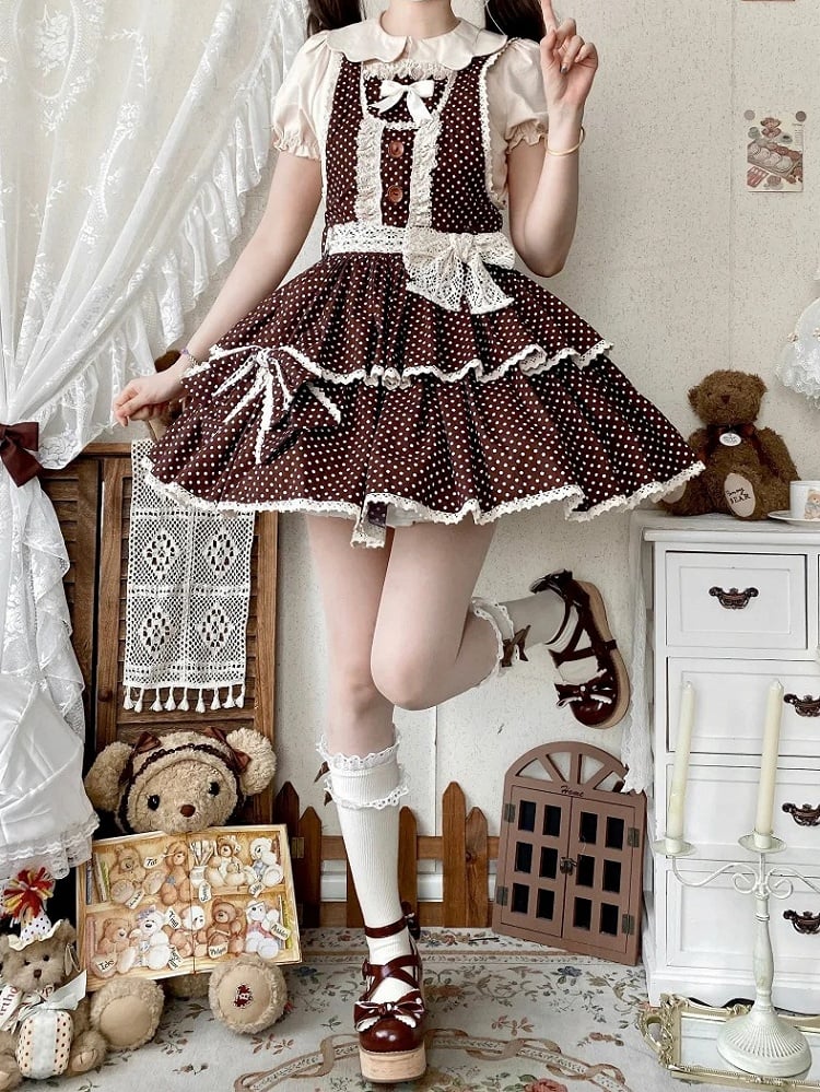 Chocolate Brown Polka-dot Pattern Old School Lolita Overall Dress