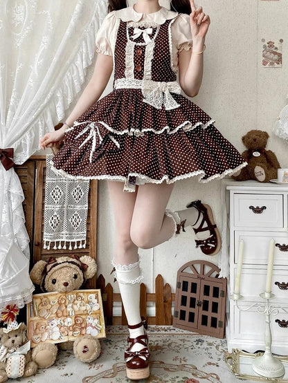 Chocolate Brown Polka-dot Pattern Old School Lolita Overall Dress