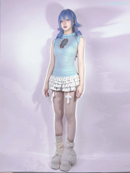 White Elastic Waist Tiered Ruffles Metal Cross Embellished Skort with Cross Charms