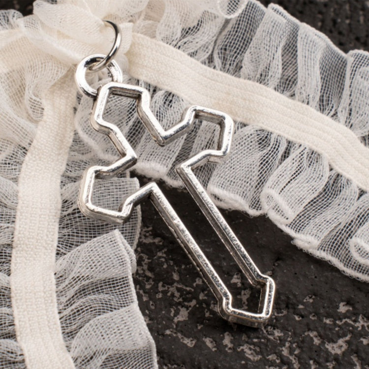 Gothic Cross Detail White Ruffled Bow Hairclips